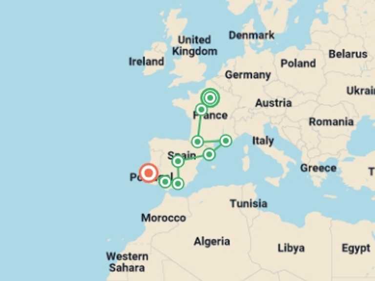 Map itinerary of Europe Tour in Spring with 9 destination visits for the trip: Paris, Lourdes, Côte d'Azur, Provence with Spain and Lisbon
