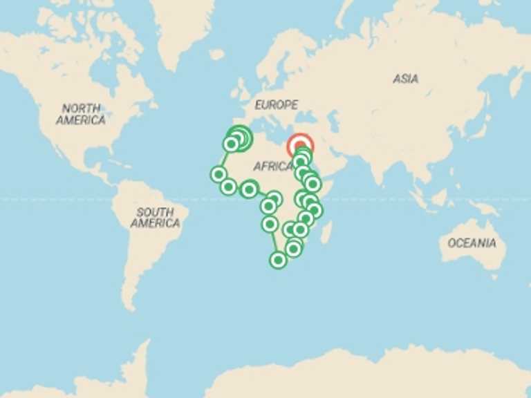 Map of a Overland Journeys Tour with 29 destination visits for the trip: Fes To Cairo (47 Weeks) Trans Africa