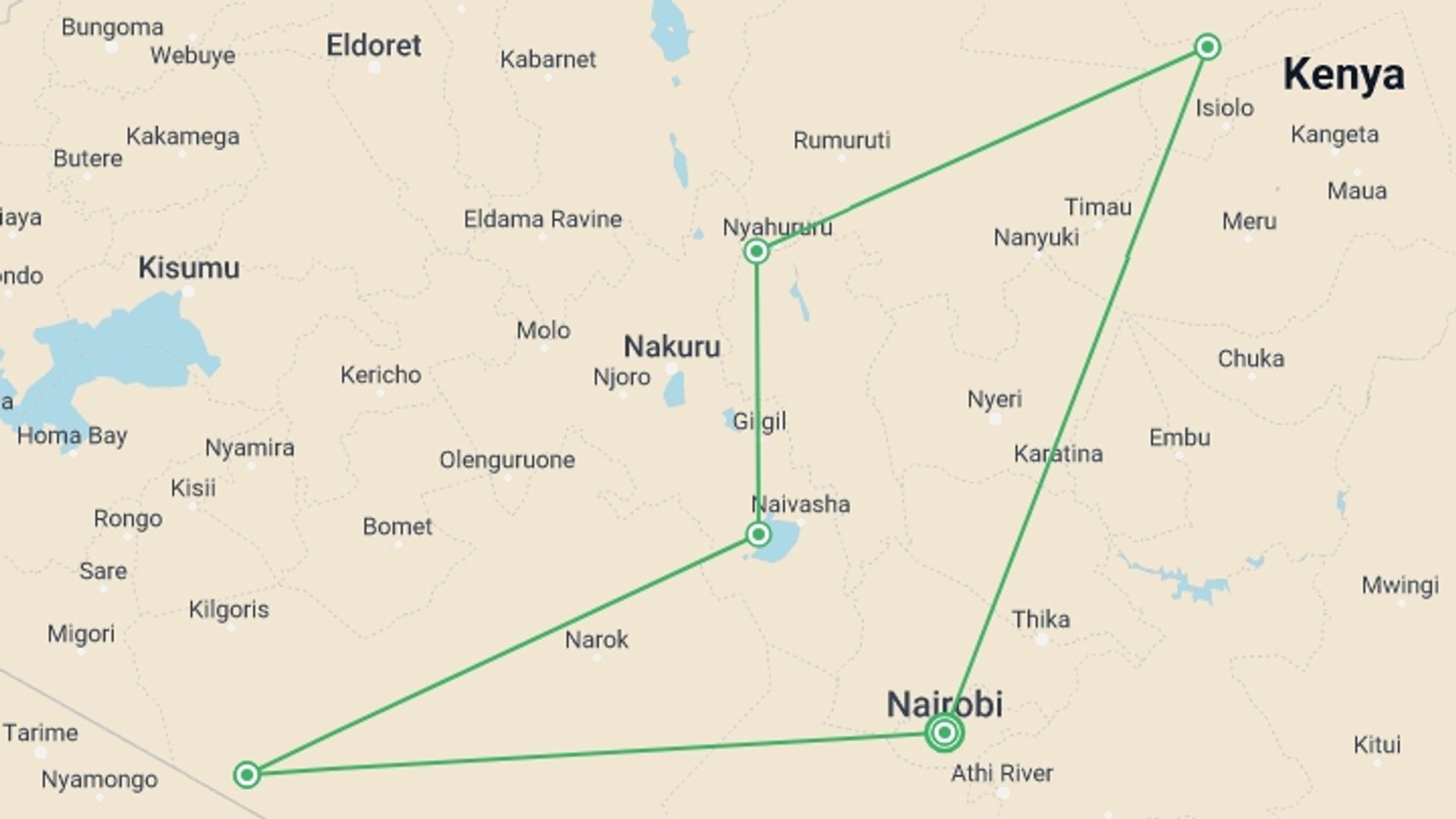 A map showing the tour itinerary for the trip: Scenic Kenya Safari, starting in Nairobi, Kenya and ending in Nairobi, Kenya going through 4 other destinations.