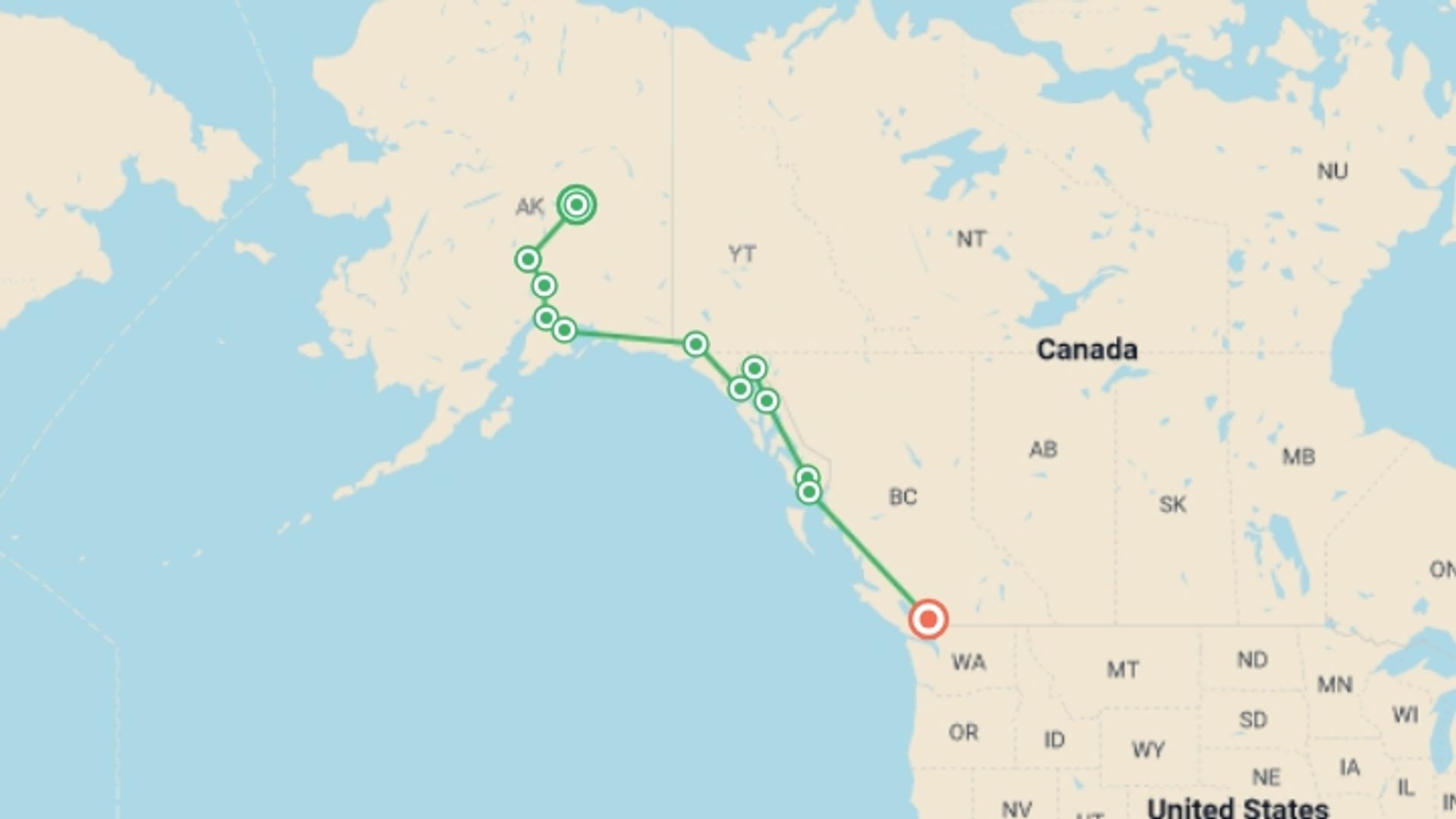 A map showing the tour itinerary for the trip: Alaska Discovery Land & Cruise featuring a 7-night Holland America Cruise, starting in Fairbanks, USA and ending in Vancouver, Canada going through 8 other destinations.