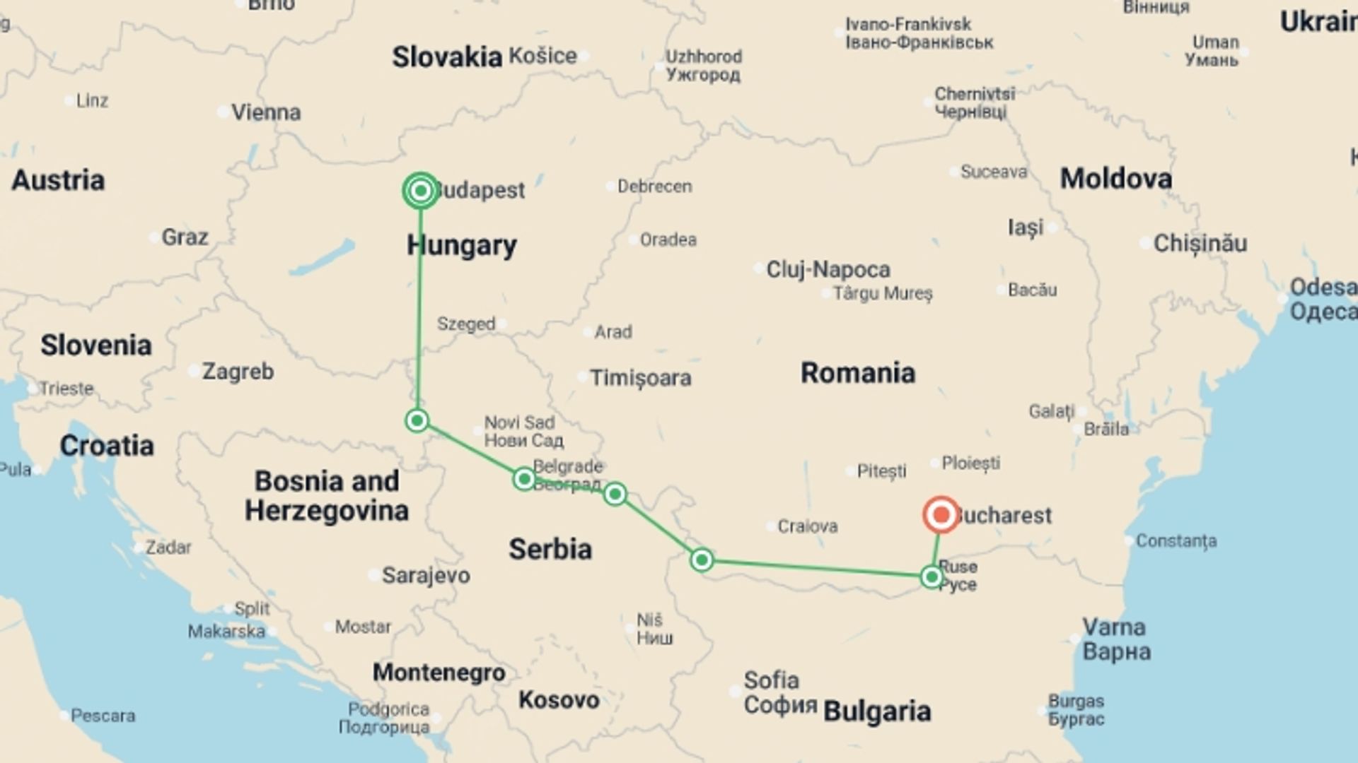 A map showing the tour itinerary for the trip: Highlights of Eastern Europe (2027), starting in Budapest, Hungary and ending in Bucharest, Romania going through 5 other destinations.