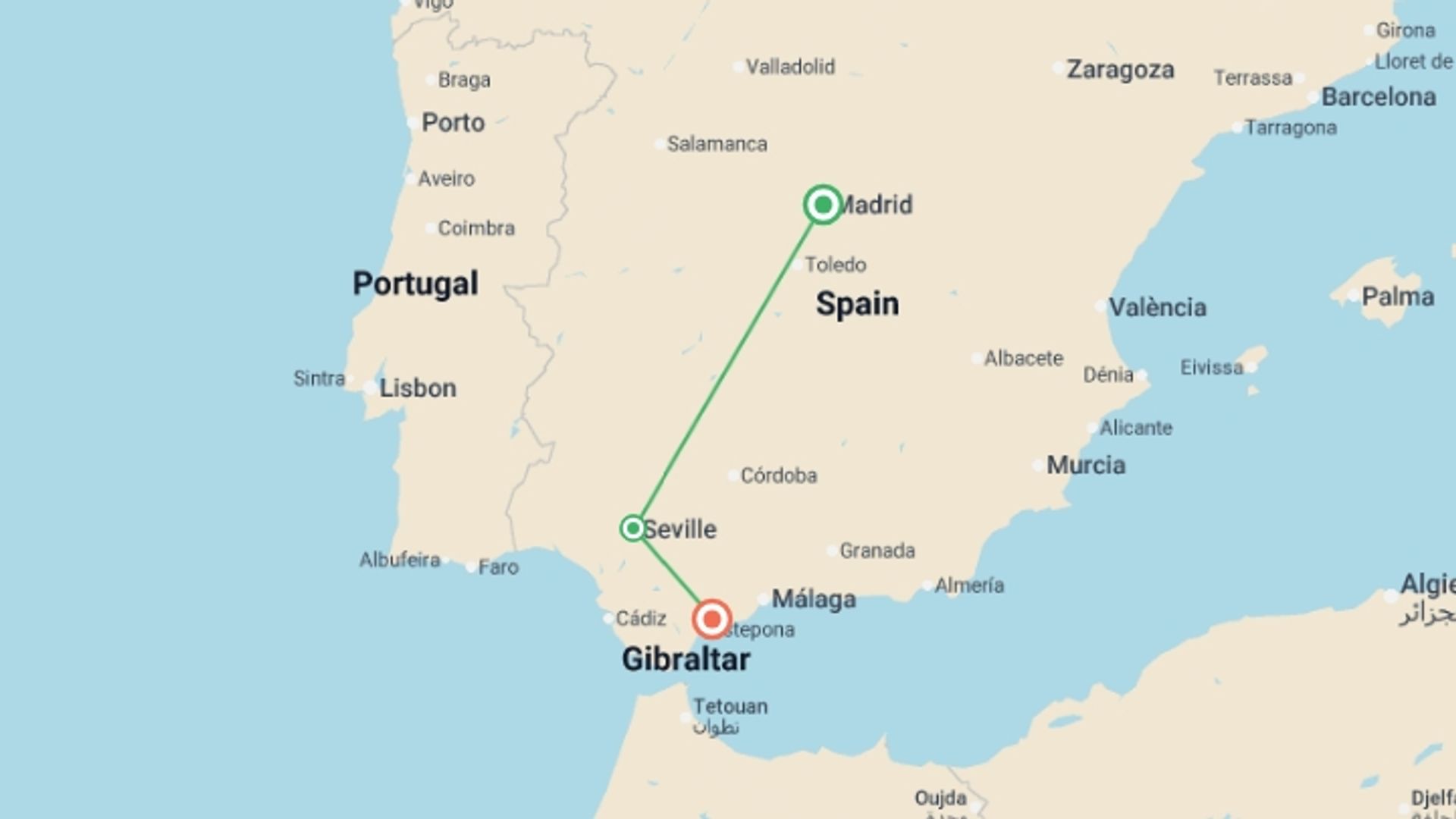 A map showing the tour itinerary for the trip: Madrid & Merida to Costa del Sol - 3 days, starting in Madrid, Spain and ending in Costa del Sol, Spain going through 1 other destinations.