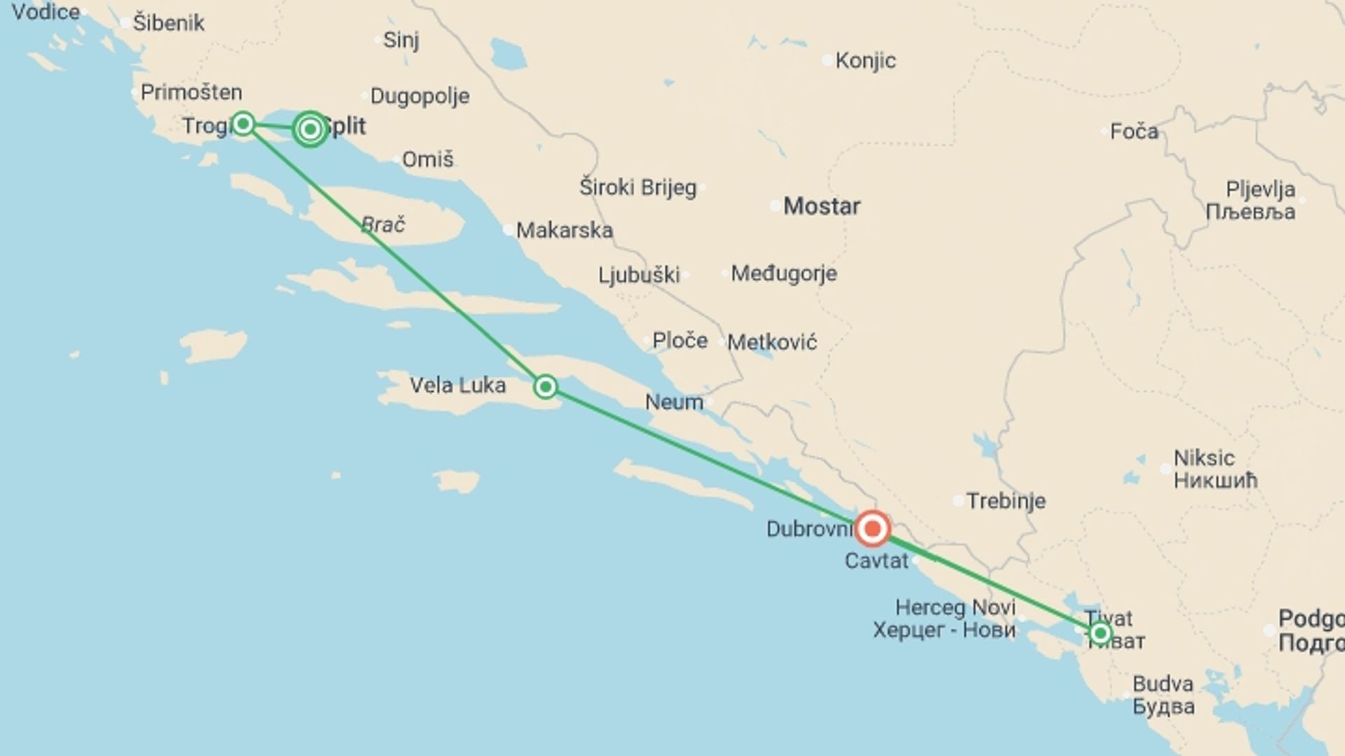 A map showing the tour itinerary for the trip: Croatia and the Dalmatian Coast, starting in Split, Croatia and ending in Dubrovnik, Croatia going through 3 other destinations.