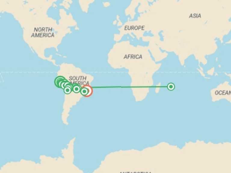 Map of South America Tour with 26 destination visits for the trip: Lima to Rio de Janeiro (via Pantanal) Travel Pass