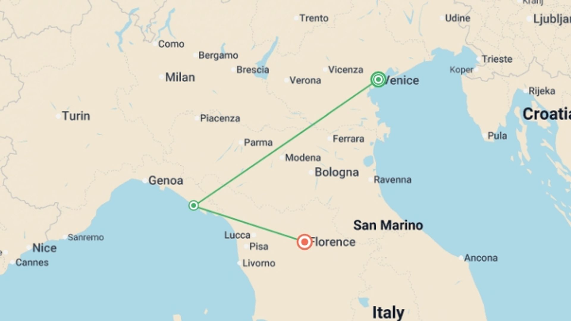 A map showing the tour itinerary for the trip: Journeys: Northern Italy, Venice to Florence, starting in Venice, Italy and ending in Florence, Italy going through 1 other destinations.