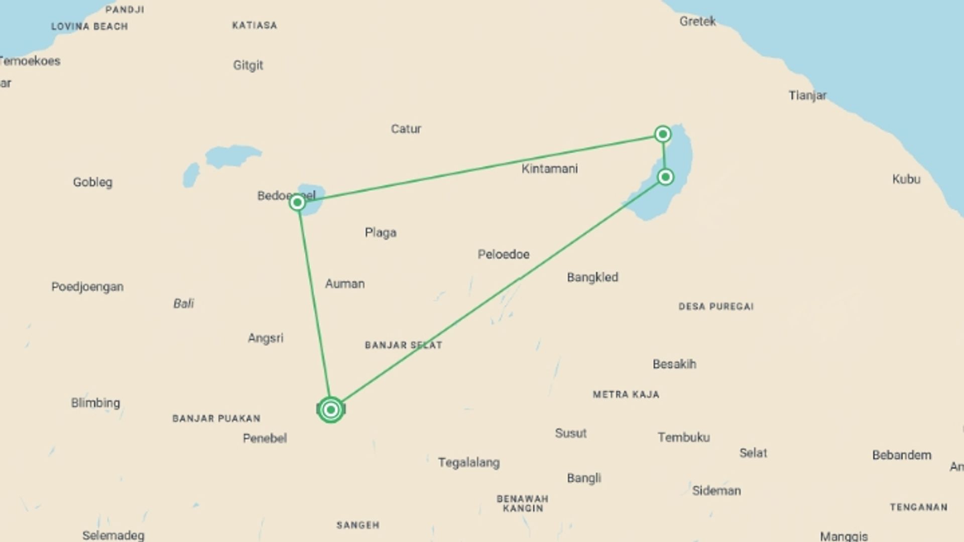 A map showing the tour itinerary for the trip: Bali Cross Country: 2 Days, starting in Bali, Indonesia and ending in Bali, Indonesia going through 2 other destinations.