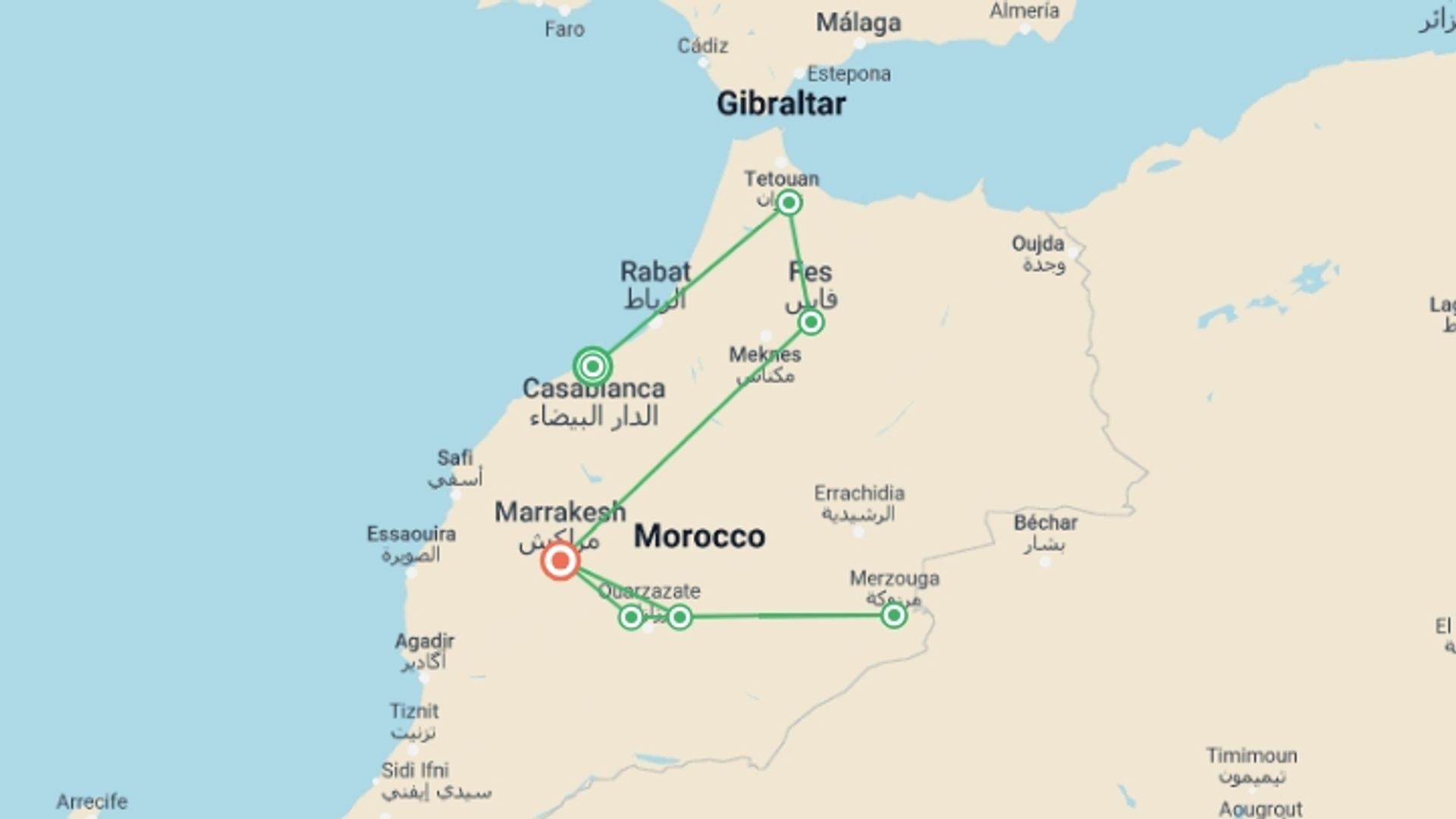 A map showing the tour itinerary for the trip: Morocco: Markets & Mountains, starting in Casablanca, Morocco and ending in Marrakech, Morocco going through 6 other destinations.