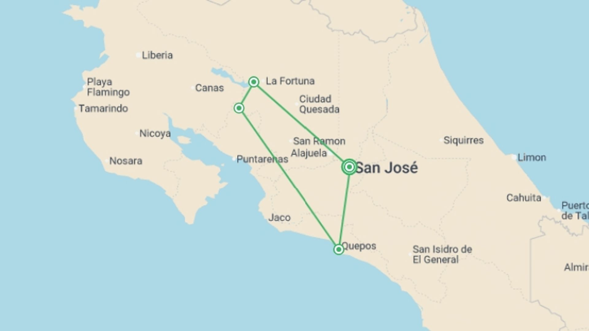 A map showing the tour itinerary for the trip: Picturesque Solo Costa Rica Tour, starting in San Jose, Costa Rica and ending in San Jose, Costa Rica going through 5 other destinations.