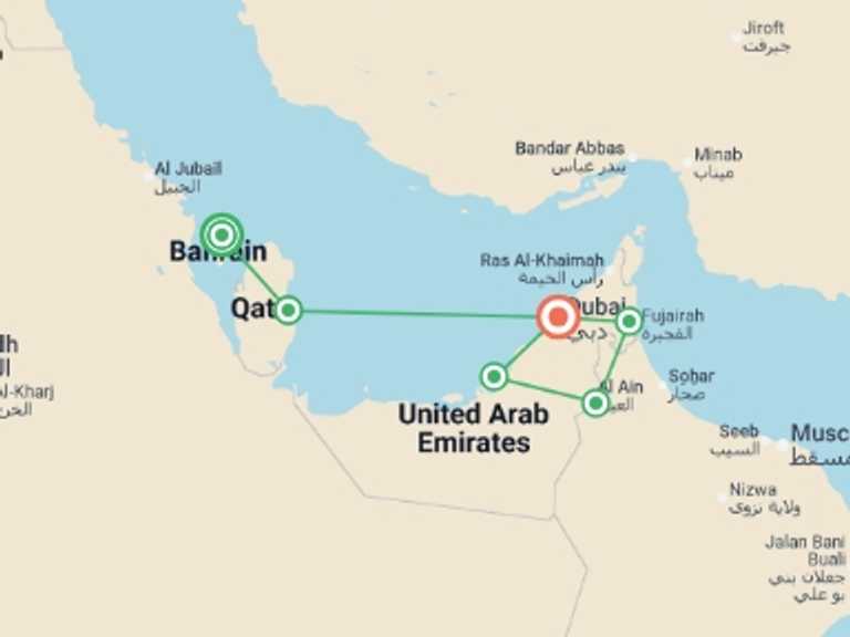 Map itinerary of Asia Tour in January 2026 with 6 destination visits for the trip: Bahrain, Qatar, Dubai and Arab Emirates