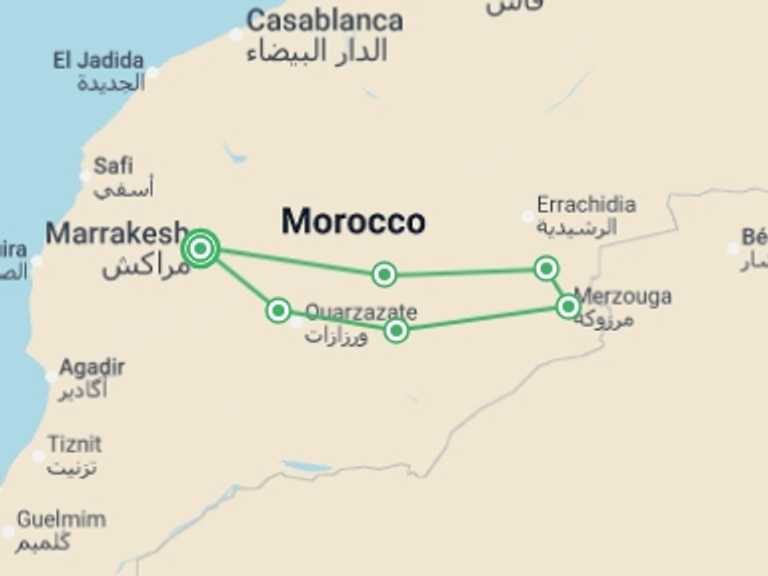 Map itinerary of Mediterranean Tour in March 2027 with 7 destination visits for the trip: Cycle Morocco - Atlas to the Sahara