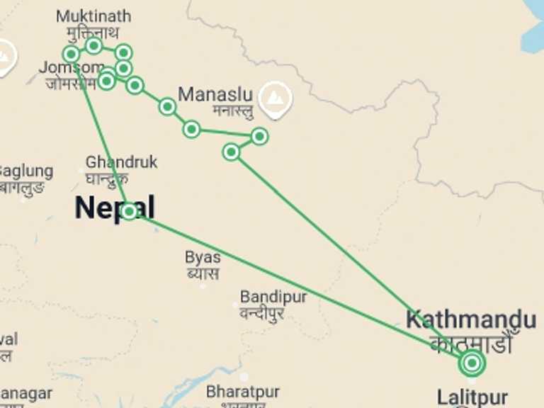 Map of Pokhara Trekking and Hiking Tour with 14 destination visits for the trip: 15 Days Annapurna Circuit with Tilicho Lake Trek