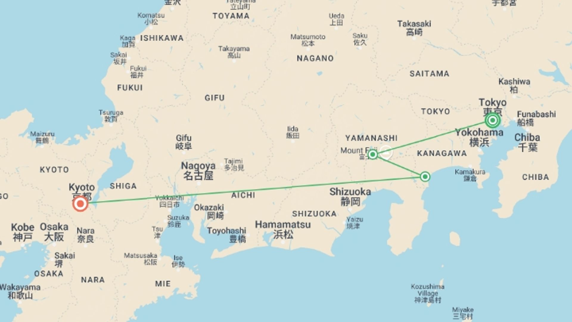 A map showing the tour itinerary for the trip: Luxury Japan Wellness Tour, starting in Tokyo, Japan and ending in Kyoto, Japan going through 1 other destinations.