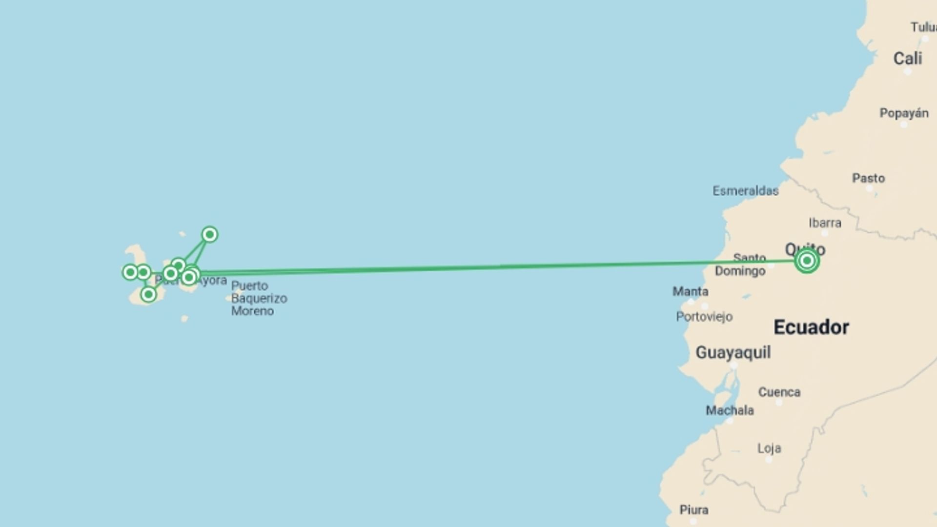A map showing the tour itinerary for the trip: Galápagos — North, West & Central Islands aboard the Yolita, starting in Quito, Ecuador and ending in Quito, Ecuador going through 8 other destinations.