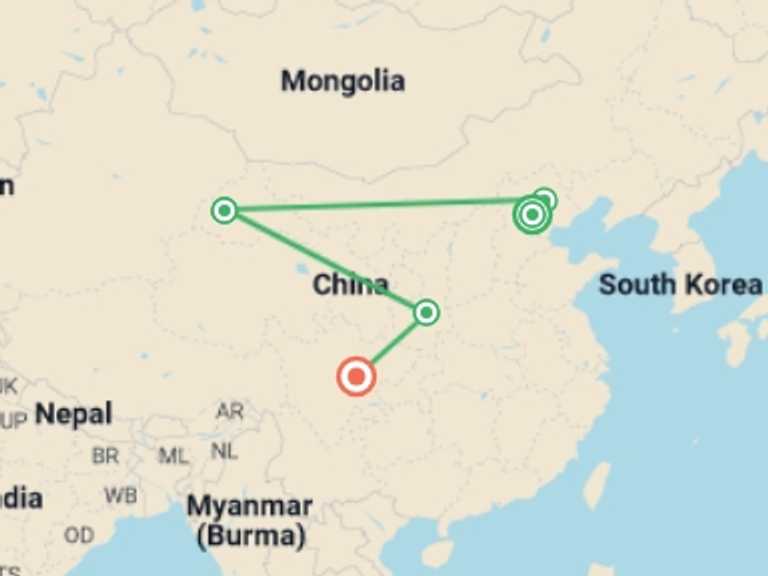 Map of Asia Tour with 5 destination visits for the trip: Signature: China's Great Wall, Xi’an & the Gobi Desert