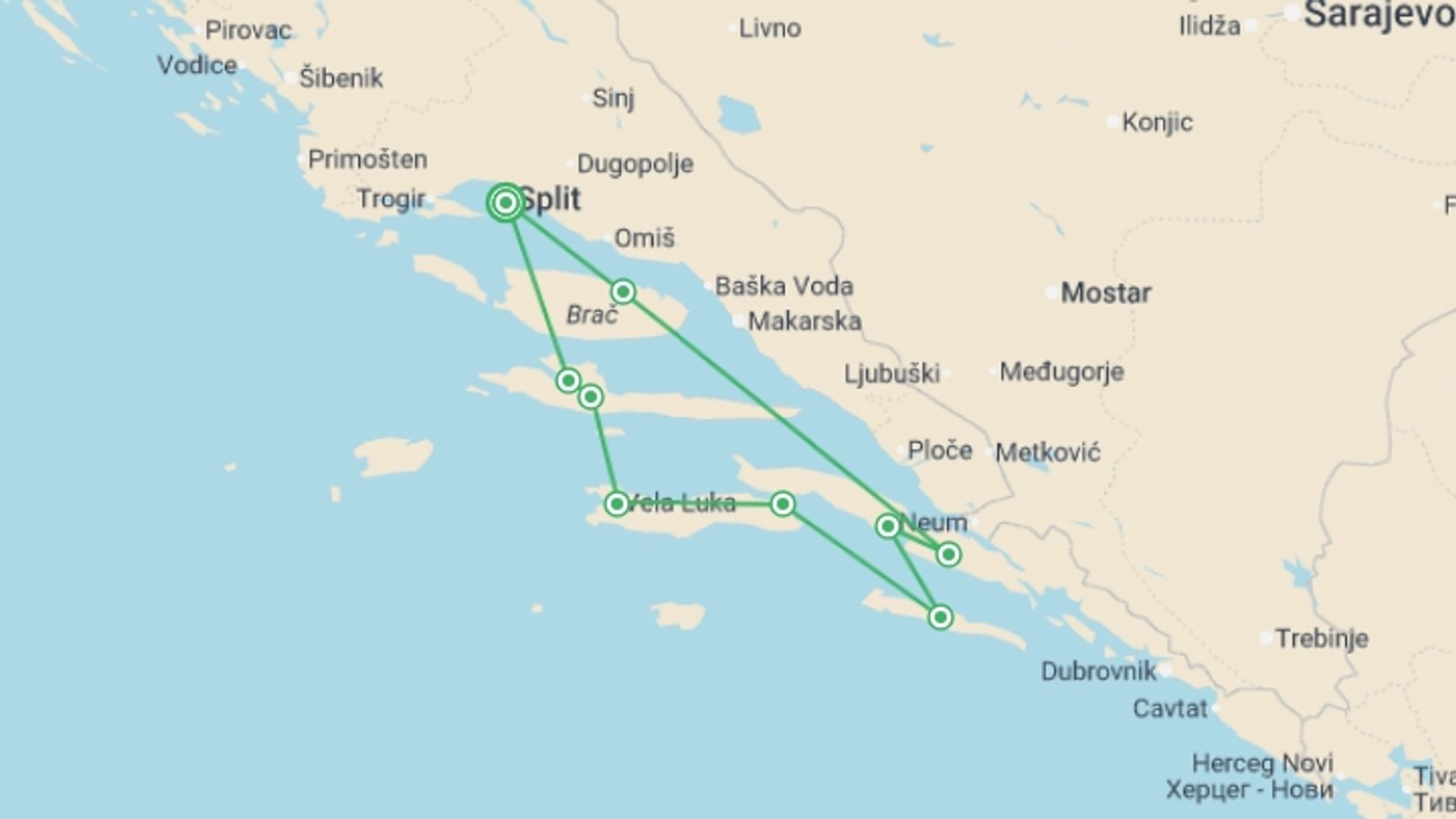 A map showing the tour itinerary for the trip: Adriatic Biking Cruise From Split, starting in Split, Croatia and ending in Split, Croatia going through 6 other destinations.