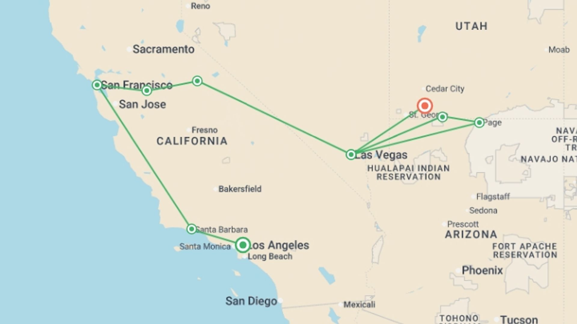 A map showing the tour itinerary for the trip: Grand Canyon & West Coast Explorer - 7 days, starting in Los Angeles, USA and ending in Zion National Park, USA going through 6 other destinations.