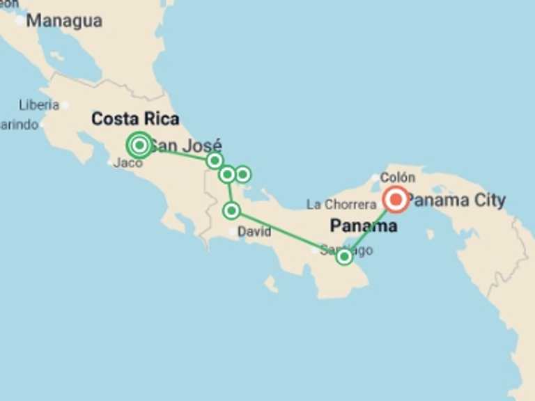 Map of Central America Tour with 7 destination visits for the trip: Costa Rica & Panama Discovery