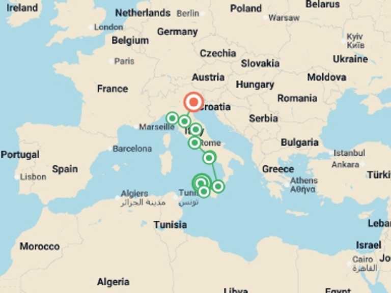 Map itinerary of Mediterranean Tour in October 2026 with 12 destination visits for the trip: Best of Italy and Sicily