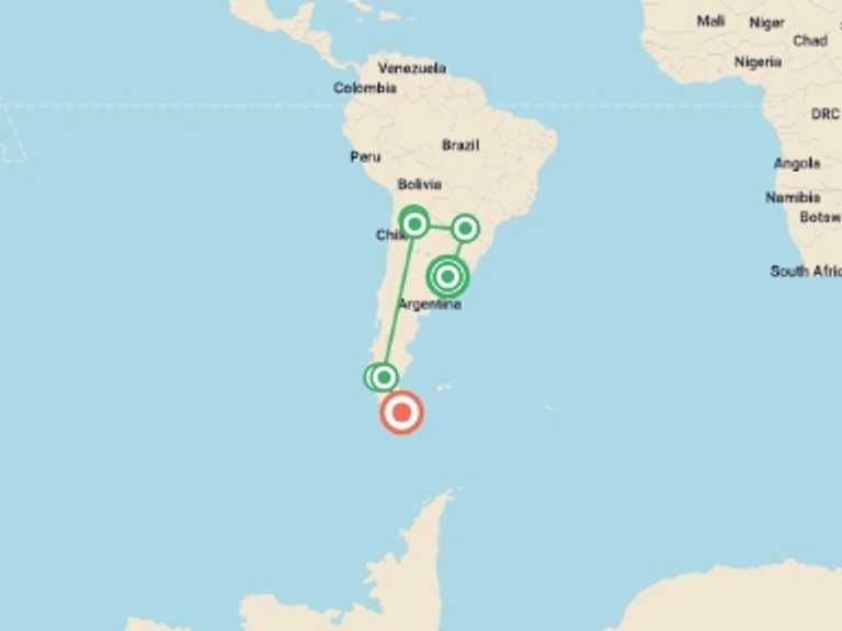Map itinerary of Patagonia Tour in October 2025 with 11 destination visits for the trip: The best of Argentina