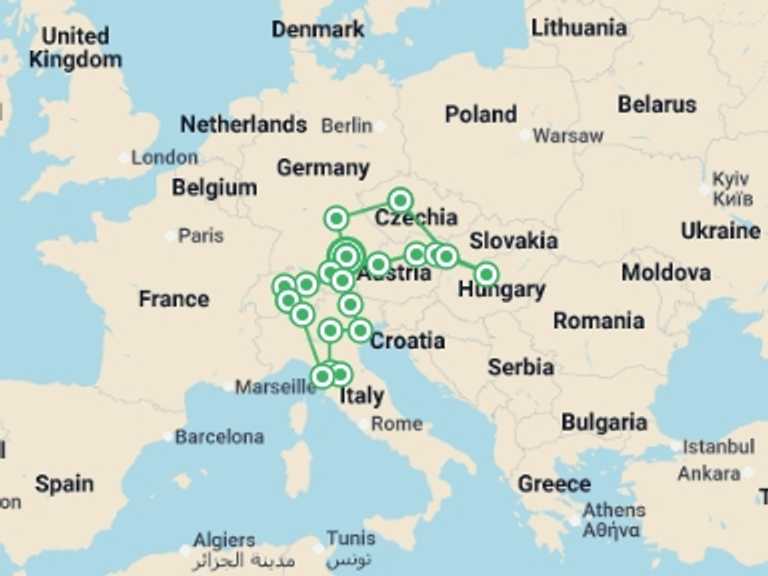 Map itinerary of Europe Tour in May 2026 with 9 destination visits for the trip: Central & Eastern Europe Explorer