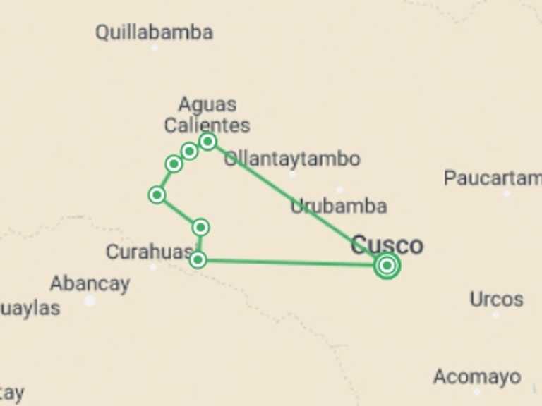 Map itinerary of South America Tour in January 2026 with 7 destination visits for the trip: Salkantay Trek To Machu Picchu: 5 Days 