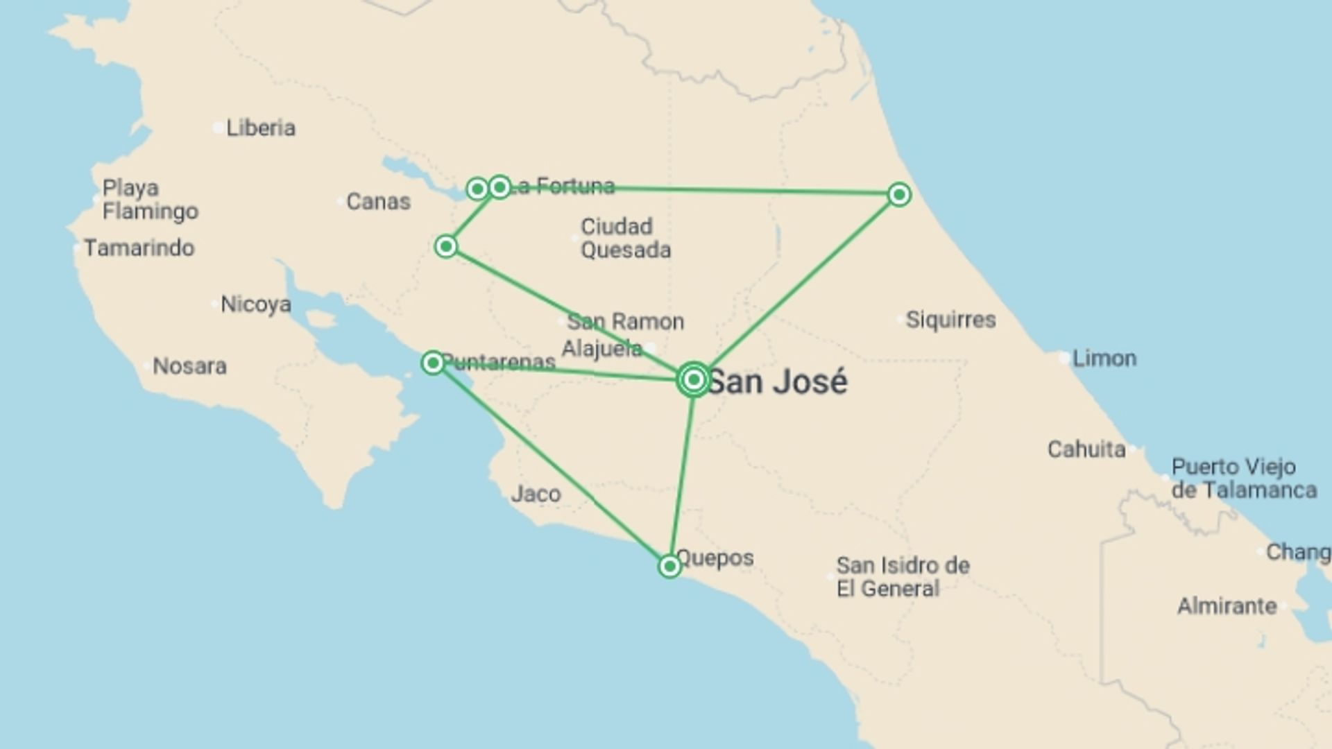A map showing the tour itinerary for the trip: Full Costa Rica Adventure 14D/13N, starting in San Jose, Costa Rica and ending in San Jose, Costa Rica going through 5 other destinations.