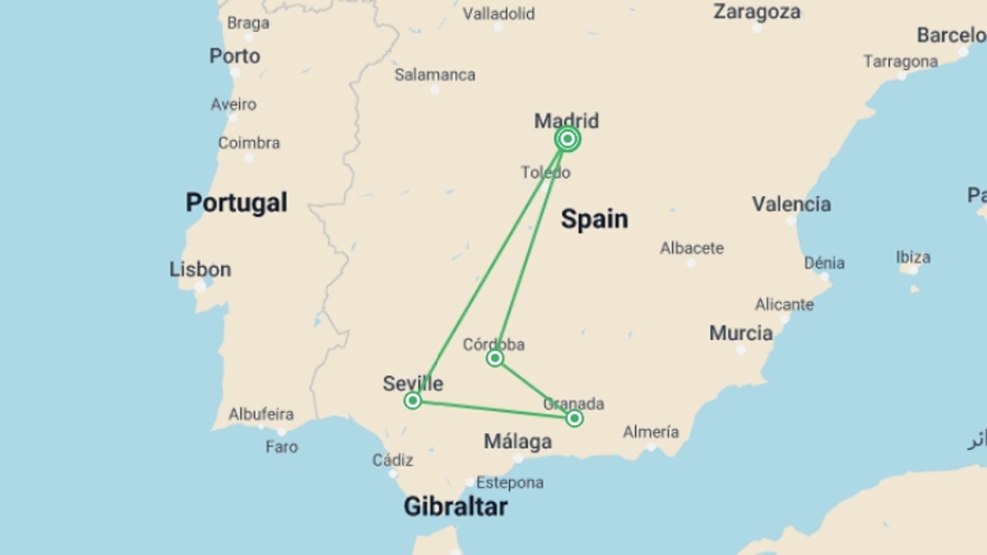 A map showing the tour itinerary for the trip: Madrid and the enchanting Andalusia, starting in Madrid, Spain and ending in Madrid, Spain going through 4 other destinations.