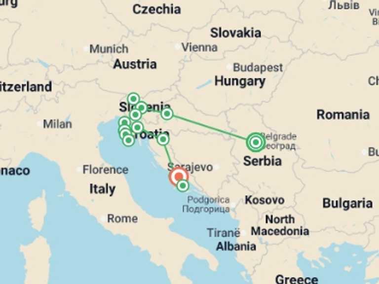 Map of Europe Tour with 6 destination visits for the trip: Belgrade to Split Superior - 11 days