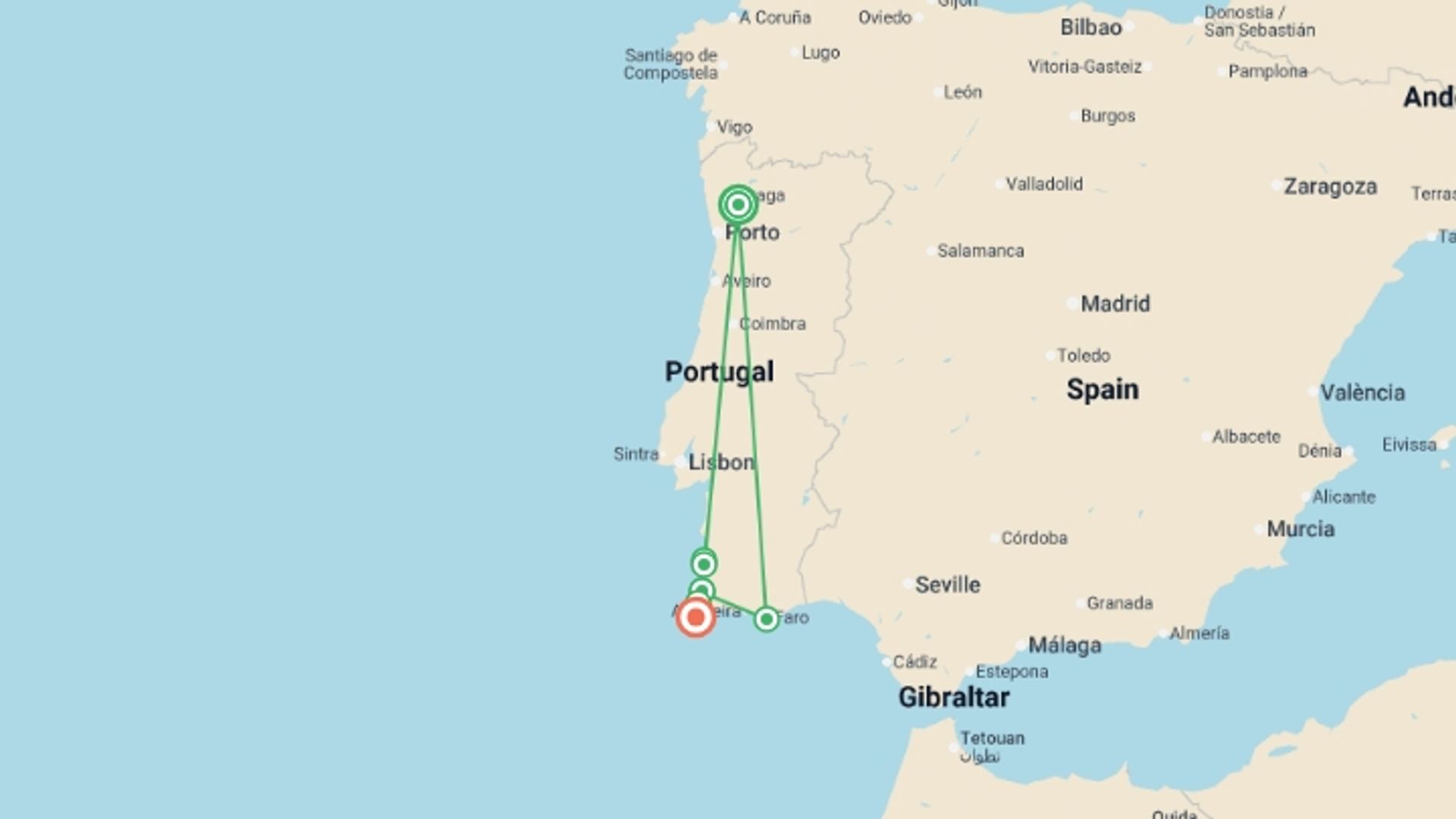 A map showing the tour itinerary for the trip: Walking Portugal's Wild Algarve, starting in Alentejo, Portugal and ending in Sagres, Portugal going through 2 other destinations.