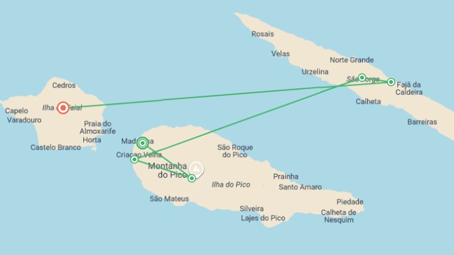 A map showing the tour itinerary for the trip: Walking in the Azores, starting in Madalena, Portugal and ending in Faial, Portugal going through 7 other destinations.