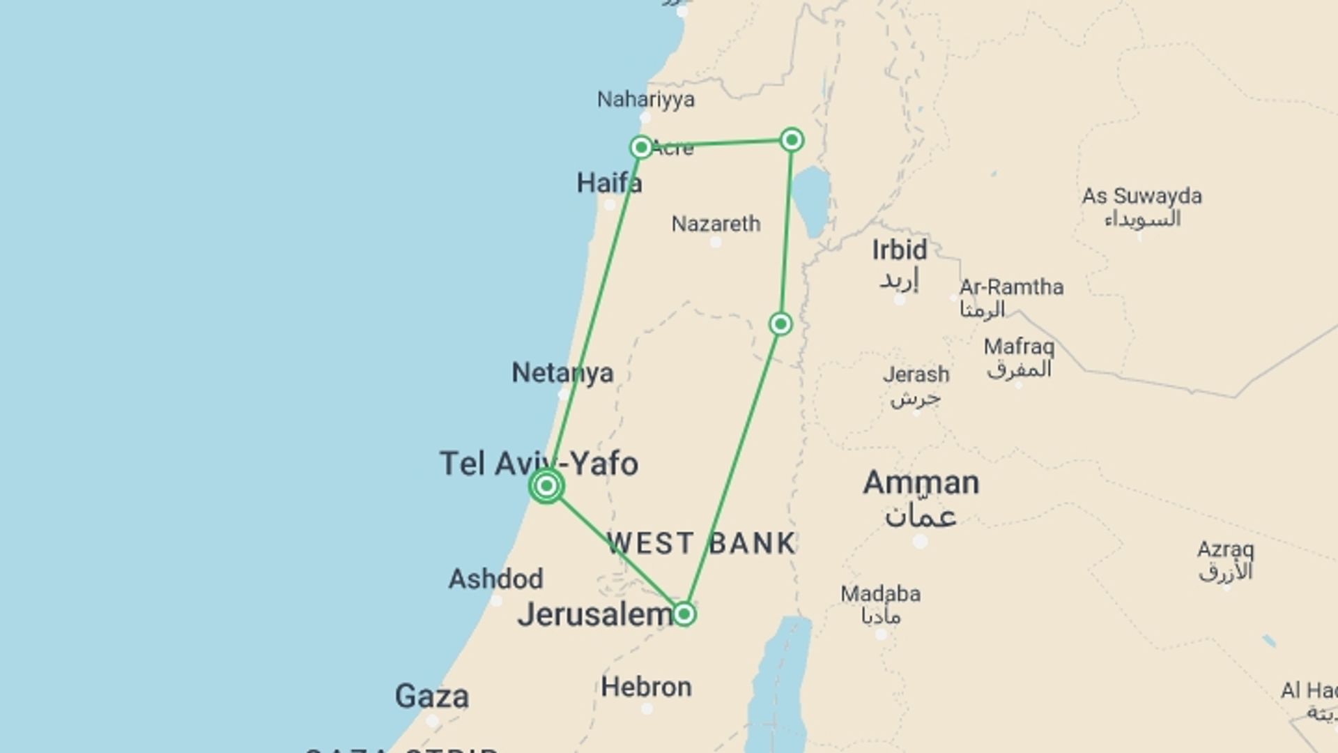 A map showing the tour itinerary for the trip: Bibleland, starting in Tel Aviv, Israel and ending in Tel Aviv, Israel going through 2 other destinations.