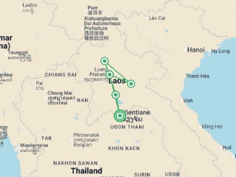 Map itinerary of Asia Tour in Winter with 5 destination visits for the trip: Discover Laos in Comfort