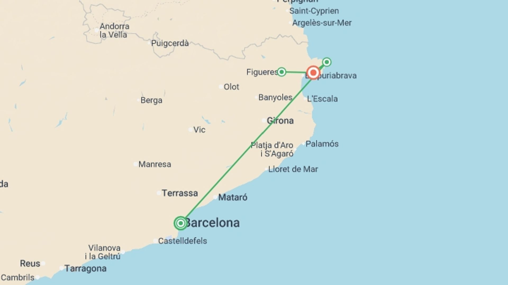 A map showing the tour itinerary for the trip: Pyrenees by Train - 8 days, starting in Barcelona, Spain and ending in ROSES, Spain going through 1 other destinations.