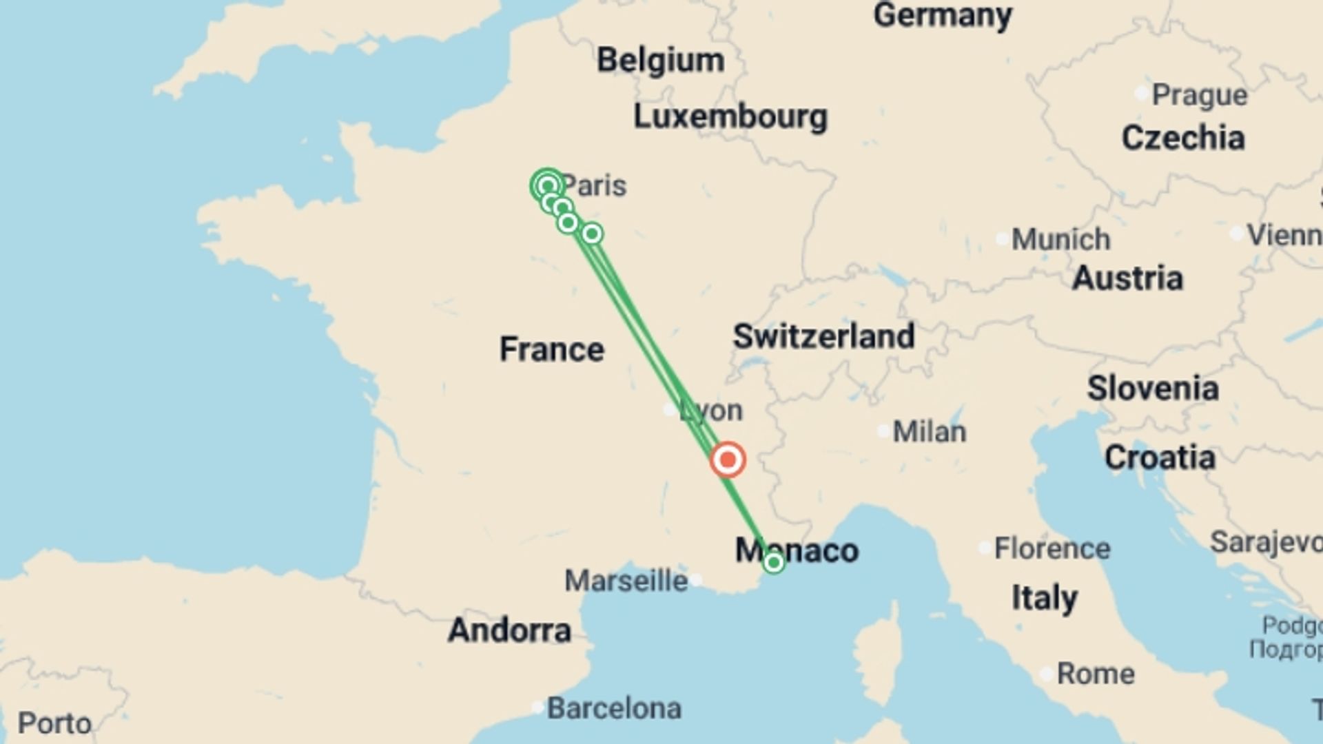 A map showing the tour itinerary for the trip: Revisit France's Past, its Royal Sites, and Medieval Cities during a Historic Cruise on the Petite Seine  (port-to-port cruise), starting in Paris, France and ending in Bourg D'oisans, France going through 5 other destinations.
