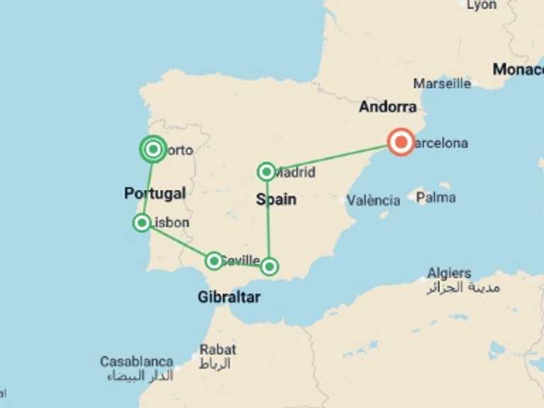 Map of Europe Tour with 6 destination visits for the trip: Spain & Portugal: Tapas & Traditions