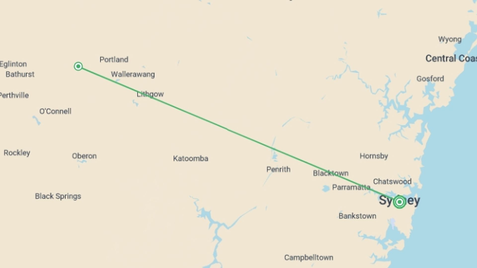 A map showing the tour itinerary for the trip: Best of Sydney & Blue Mountains, starting in Sydney, Australia and ending in Sydney, Australia going through 2 other destinations.