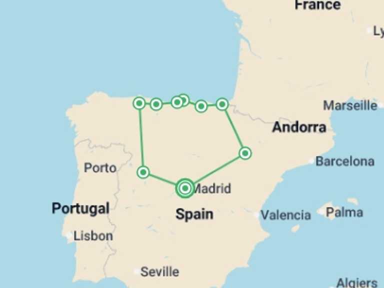 Map of Spain Tour with 4 destination visits for the trip: San Sebastian, Santander & Oviedo - 4 days