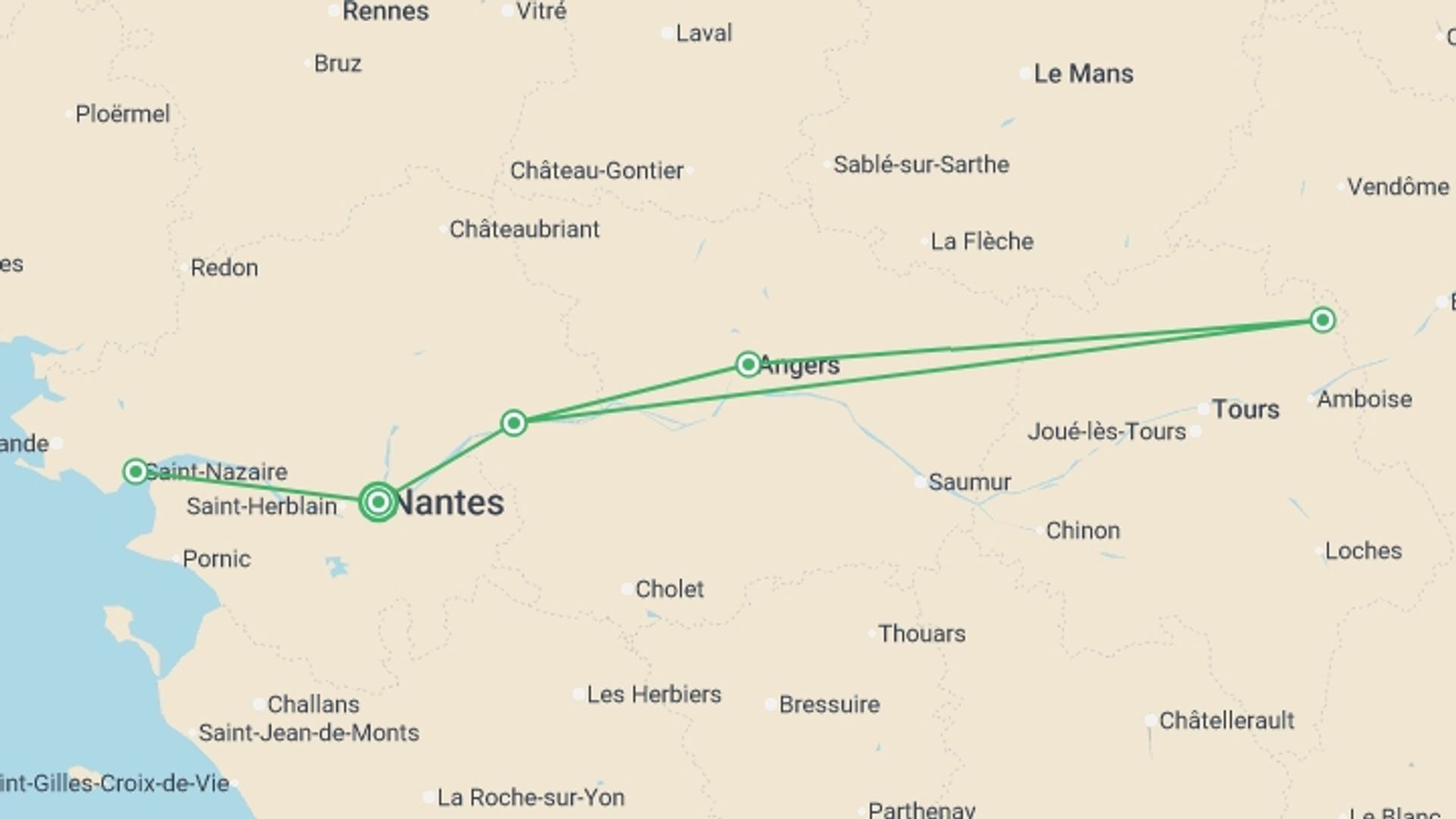 A map showing the tour itinerary for the trip: Family Club - The Loire Valley, a Royal legacy (port-to-port cruise), starting in Pays de la Loire, France and ending in Pays de la Loire, France going through 4 other destinations.