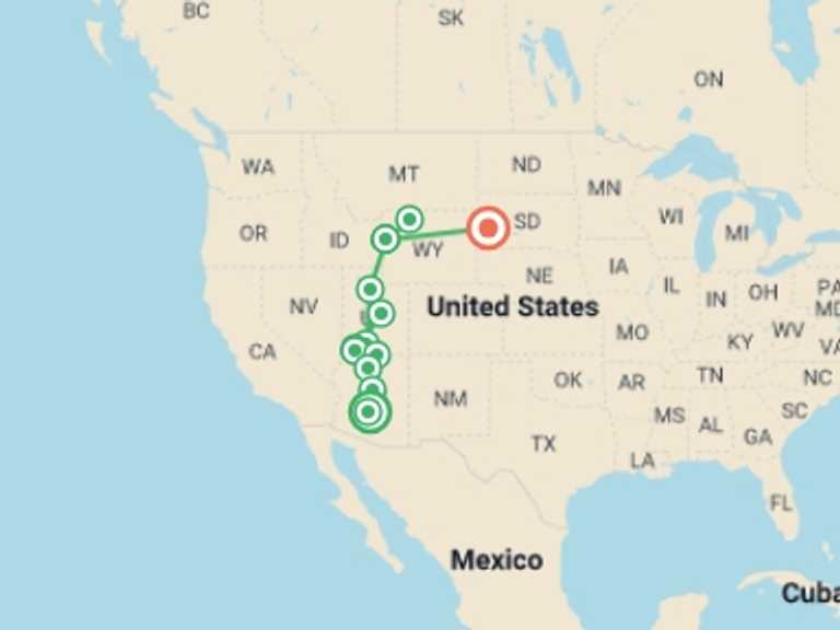 Map of Denver National parks Tour with 11 destination visits for the trip: National Parks of America 