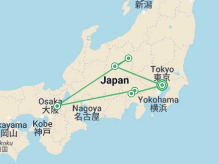 Map itinerary of Tokyo Tour in Fall with 3 destination visits for the trip: Central Japan Express
