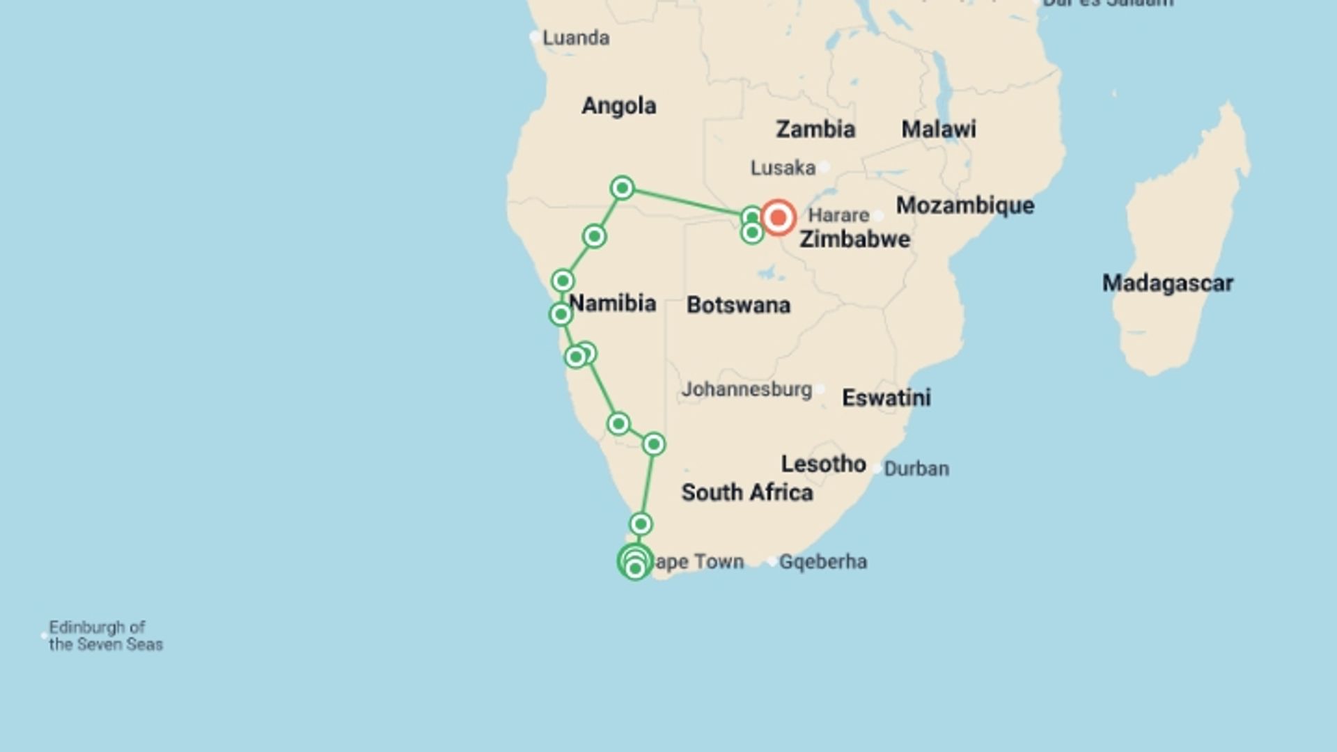 A map showing the tour itinerary for the trip: Cape Town to Victoria Falls - Hotel/Lodge, starting in Cape Town, South Africa and ending in Victoria Falls, Zimbabwe going through 12 other destinations.