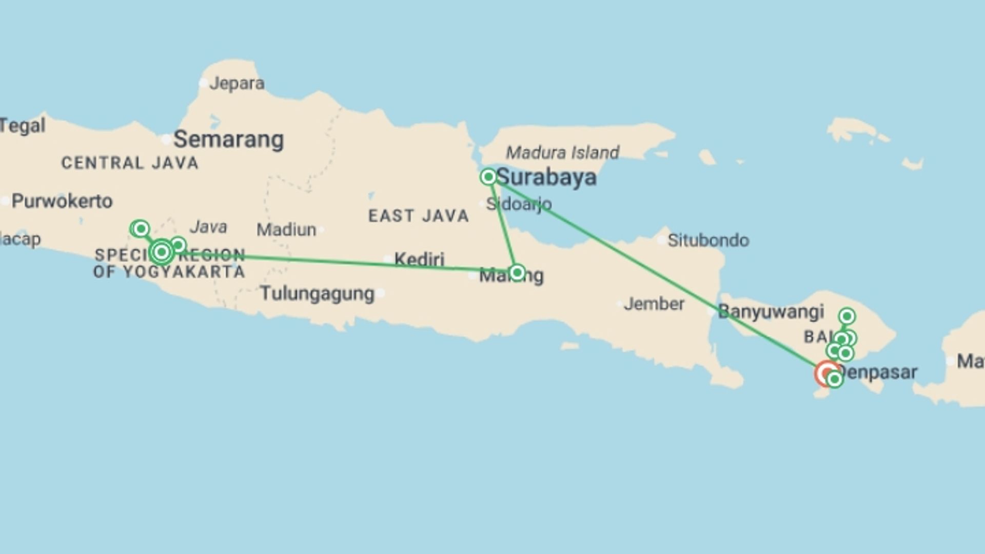 A map showing the tour itinerary for the trip: Temples, Volcanoes And Beaches Of Java And Bali, Private Tour, starting in Yogyakarta, Indonesia and ending in Denpasar, Indonesia going through 3 other destinations.