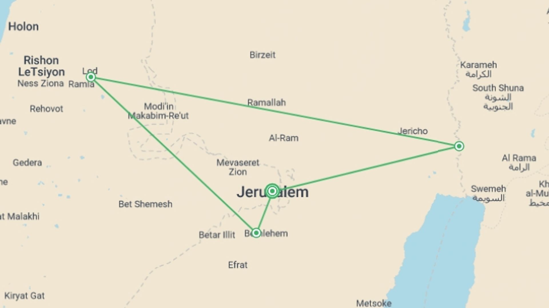 A map showing the tour itinerary for the trip: Christian Jerusalem, Bethlehem And Jericho, 3 Days From Jerusalem, starting in Jerusalem, Israel and ending in Jerusalem, Israel going through 0 other destinations.