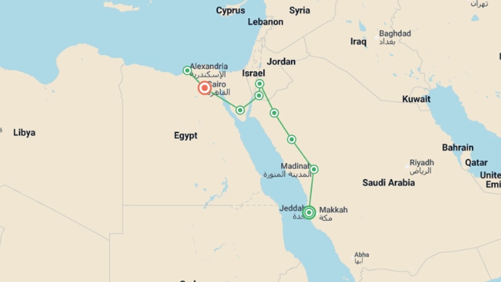 A map showing the tour itinerary for the trip: Arabia, Jordan, Alexandria and Cairo, starting in Jeddah, Saudi Arabia and ending in Cairo, Egypt going through 7 other destinations.