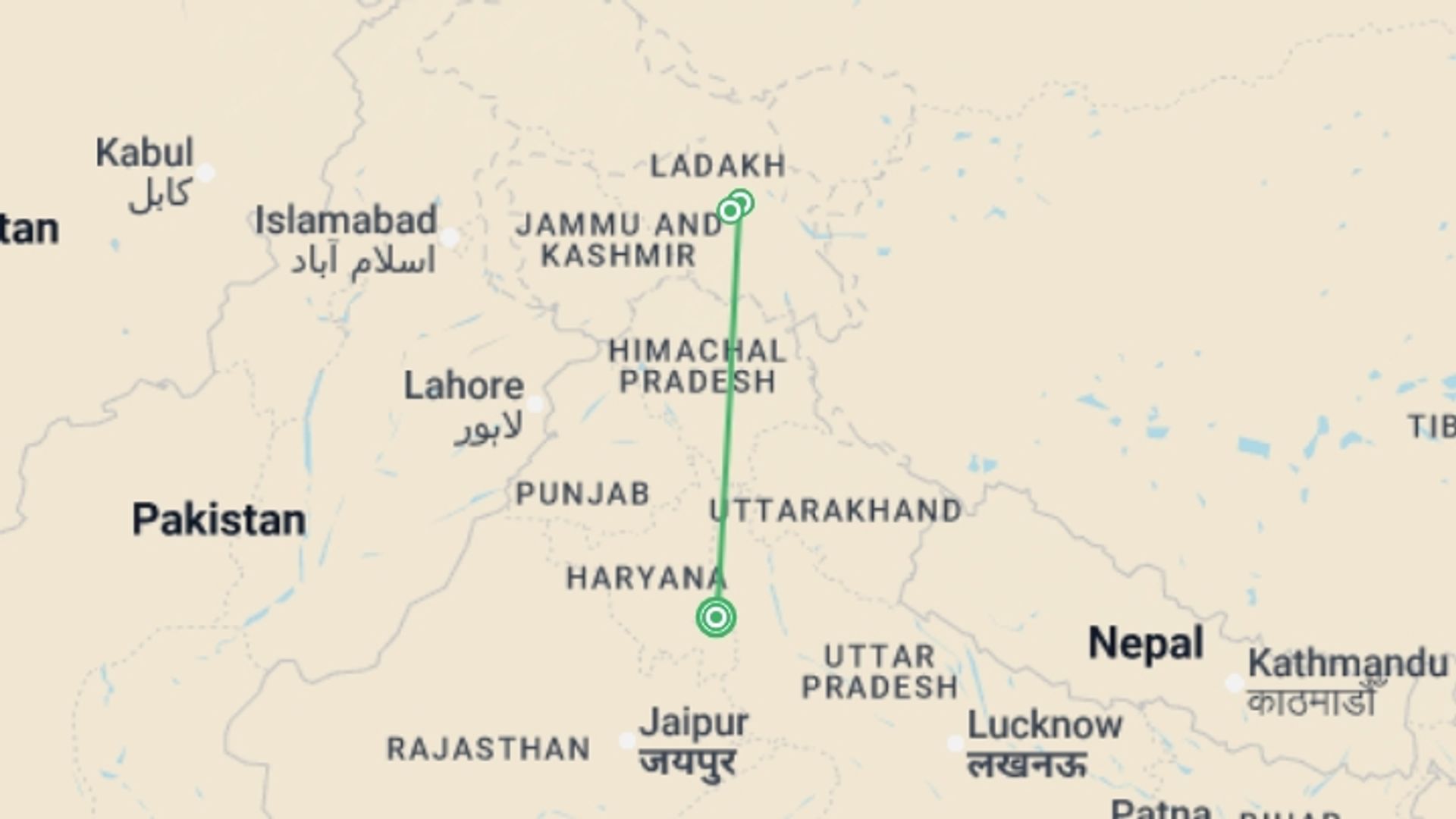A map showing the tour itinerary for the trip: Search for Snow Leopards with Valerie Parkinson, starting in New Delhi, India and ending in New Delhi, India going through 2 other destinations.