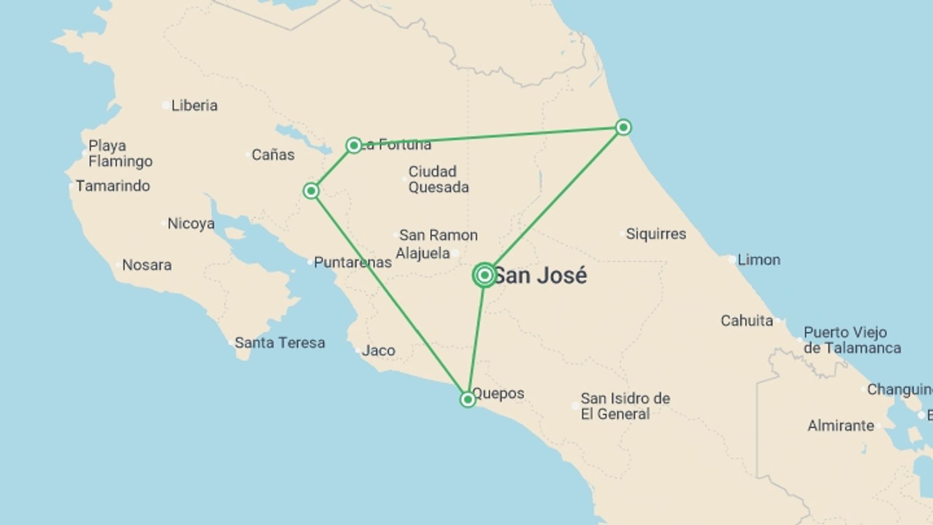 A map showing the tour itinerary for the trip: Costa Rica Coast to Coast - 10 Days, starting in San Jose, Costa Rica and ending in San Jose, Costa Rica going through 4 other destinations.