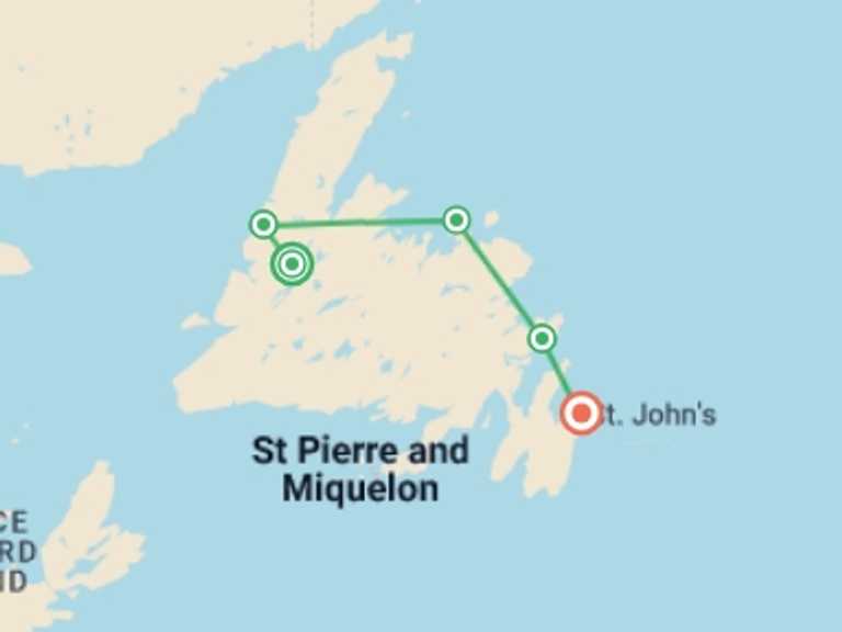 Map itinerary of North America Tour in July 2027 with 5 destination visits for the trip: Newfoundland Adventure: Eastbound
