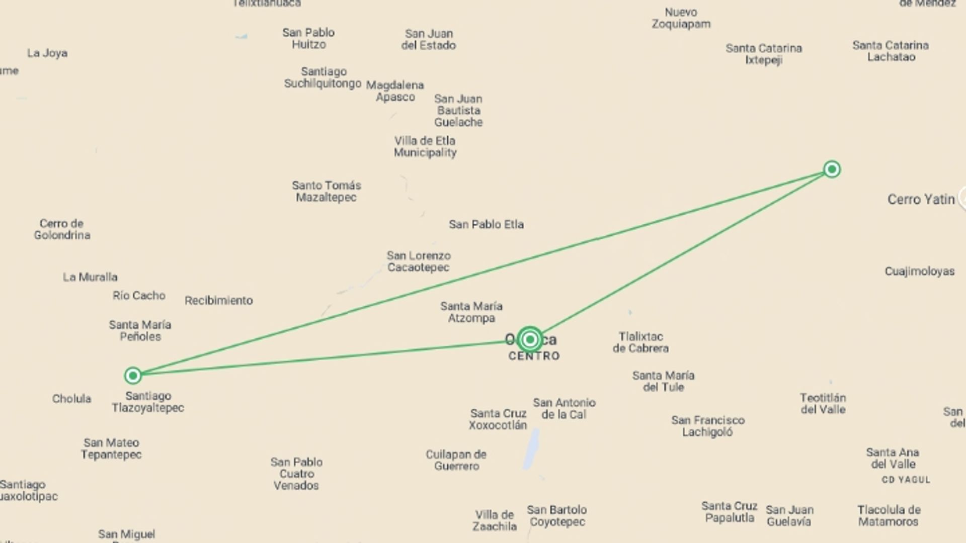 A map showing the tour itinerary for the trip: The Enchanting Sierra Norte Trek 3D/2N, starting in Oaxaca, Mexico and ending in Oaxaca, Mexico going through 2 other destinations.