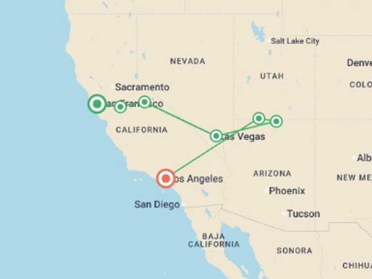 Map of North America Tour with 8 destination visits for the trip: San Francisco to Grand Canyon & LA - 6 days