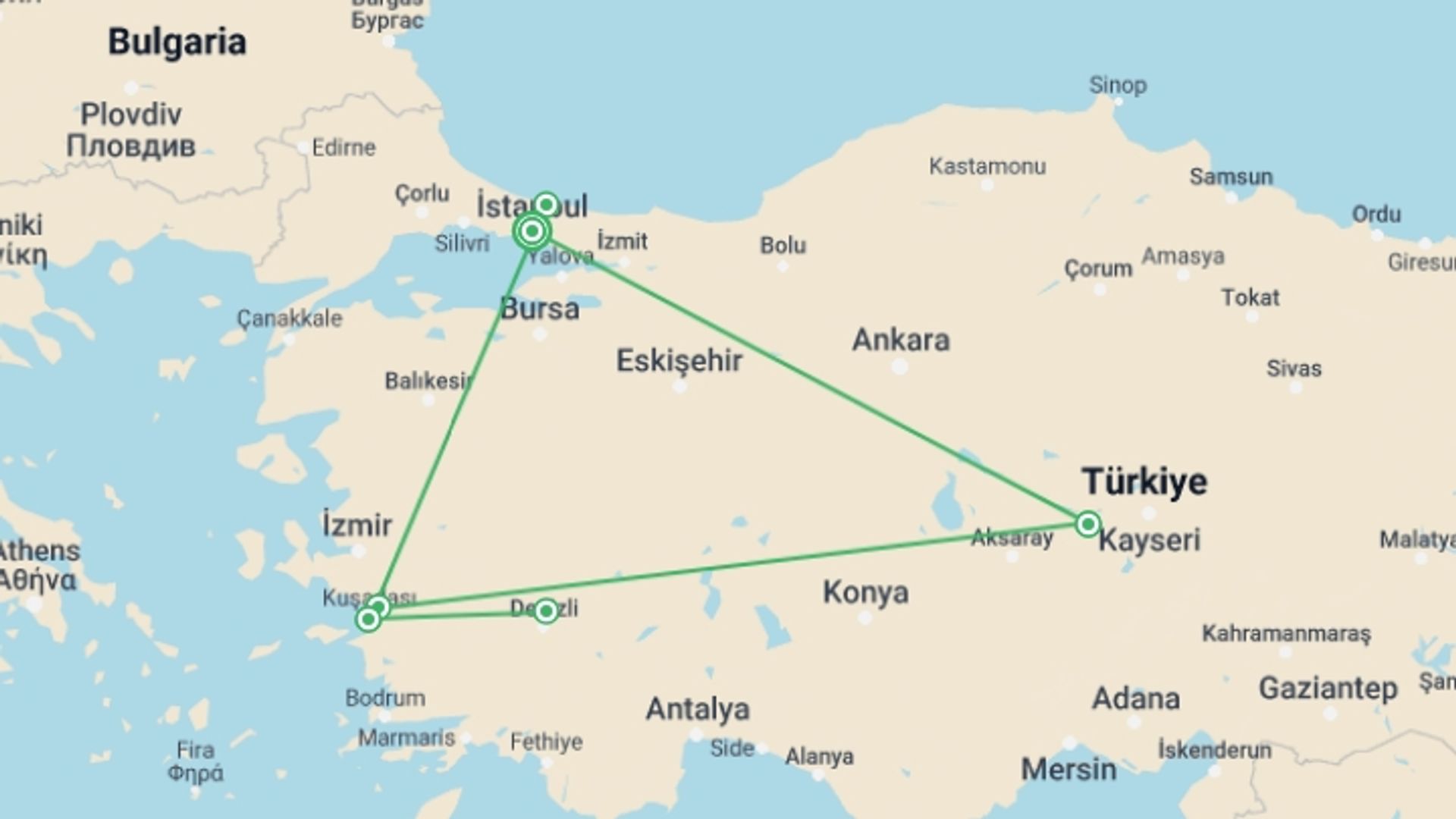 A map showing the tour itinerary for the trip: Istanbul, Ephesus, Pamukkale & Cappadocia Tour, starting in Istanbul, Turkey and ending in Istanbul, Turkey going through 2 other destinations.